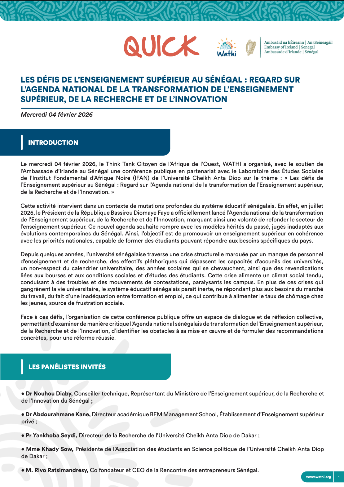 <strong>Les défis de l’enseignement supérieur au Sénégal : regard sur l’agenda national de la transformation de l’enseignement supérieur, de la recherche et de l’innovation</strong>