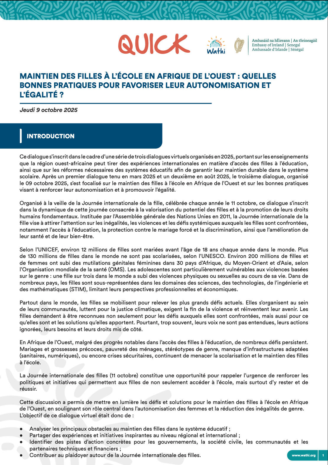 <strong>Maintien des filles à l’école en Afrique de l’Ouest : quelles bonnes pratiques pour favoriser leur autonomisation et l’égalité ?</strong>
